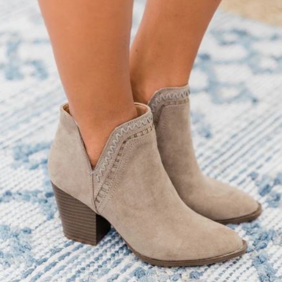 Ankle Heel Taupe Suede Booties with Braided stitch - Picture 2 of 8